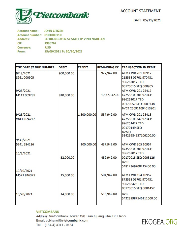 Vietnam Vietcombank excel pdf